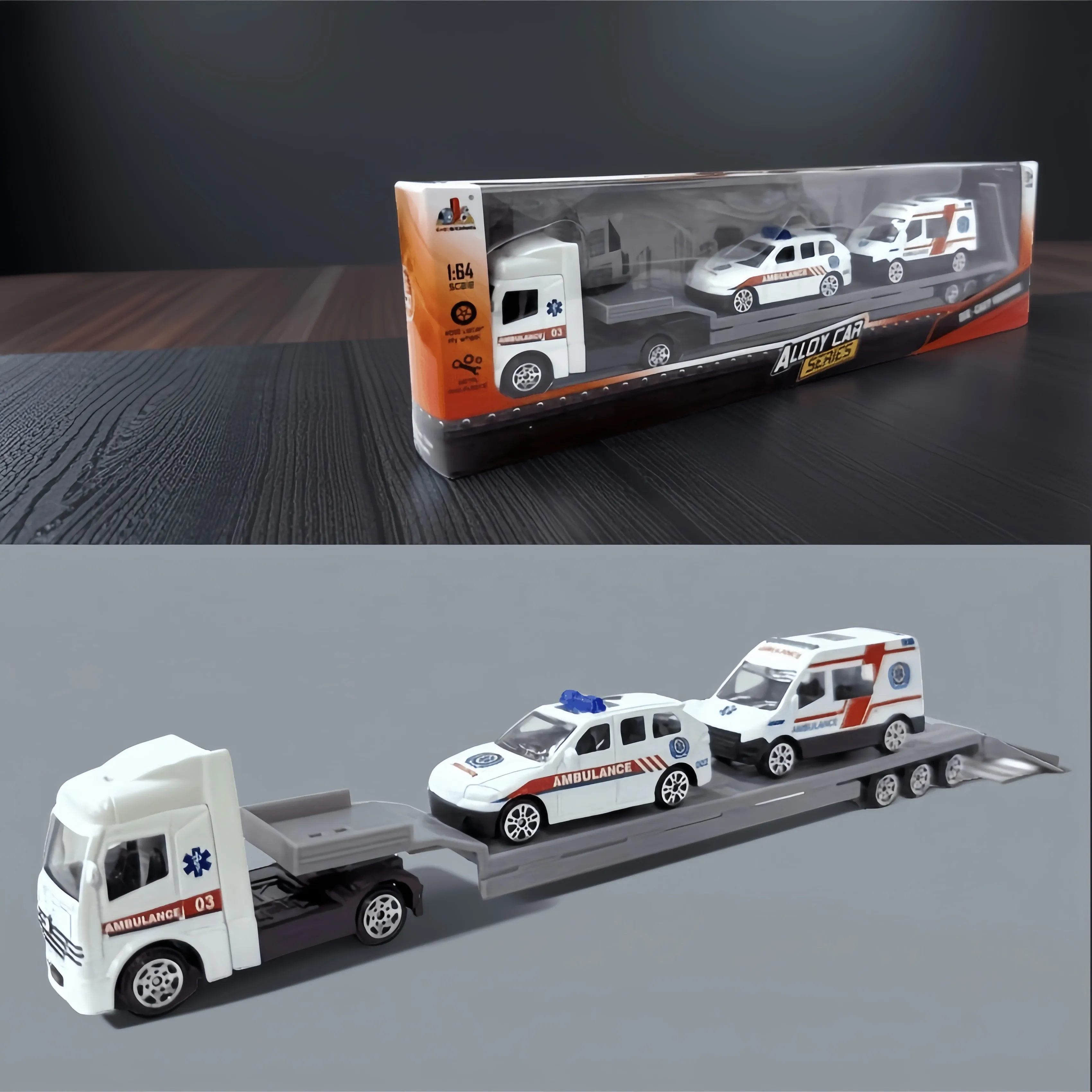 Legering Engineering Flatbed Trailer Transportvoertuigset met elektrische politieambulance, handmatige traagheidsauto's, niet-aangedreven