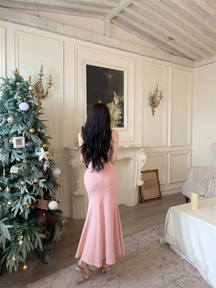 النمط الفرنسي الماس ديكور غمد اللباس للسيدات مثير أكمام ذيل السمكة الحمالة منتصف طول اللباس المألوف حزب اللباس #3