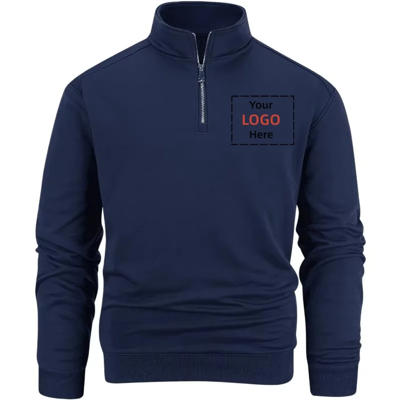 Custom Logo Men Quarter Zip Sweatshirt Solid Color Stand Collar Pullover Personalized Print Casual Long Sleeve Sweat Tops
