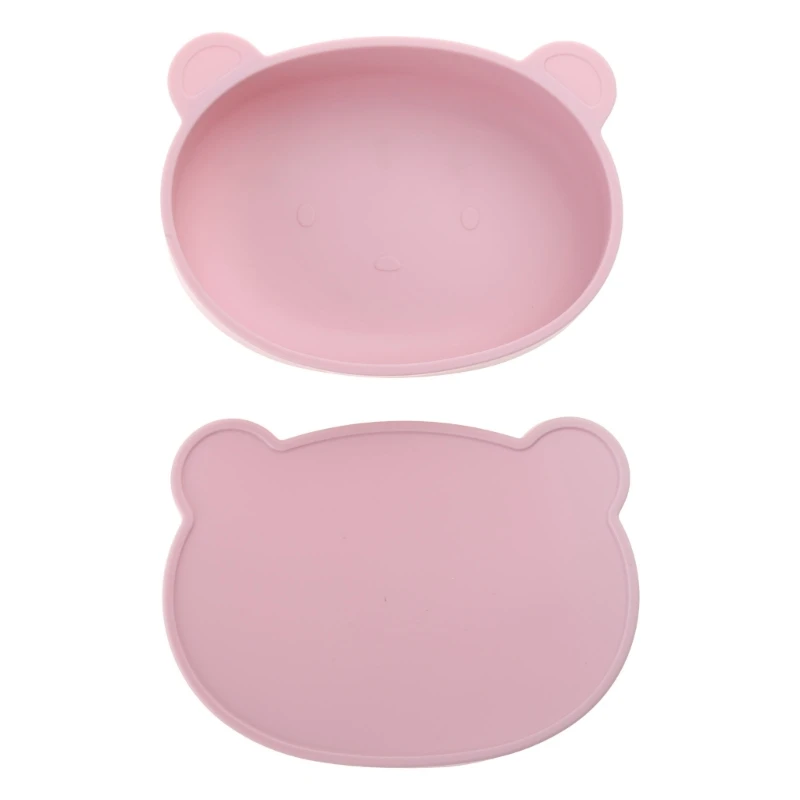 Stay Put Suction Bowl for Toddlers Bear Baby Self-Feeding Plate Silicone Utensil with Lid Microwave Safe Tableware