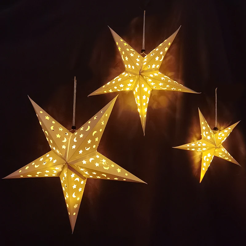 30/45/60cm Hollow Out Star Hanging Ornaments Eid Mubarak Wedding Decorative Home Islamic Muslim Light Paper Lantern Star Decor