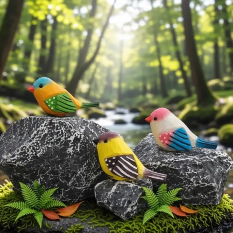 Hand Carved Wooden Bird Figurines Retro Hand Painted Colorful Style Natural Wood Base for Bookshelf Decor Unique Ornament