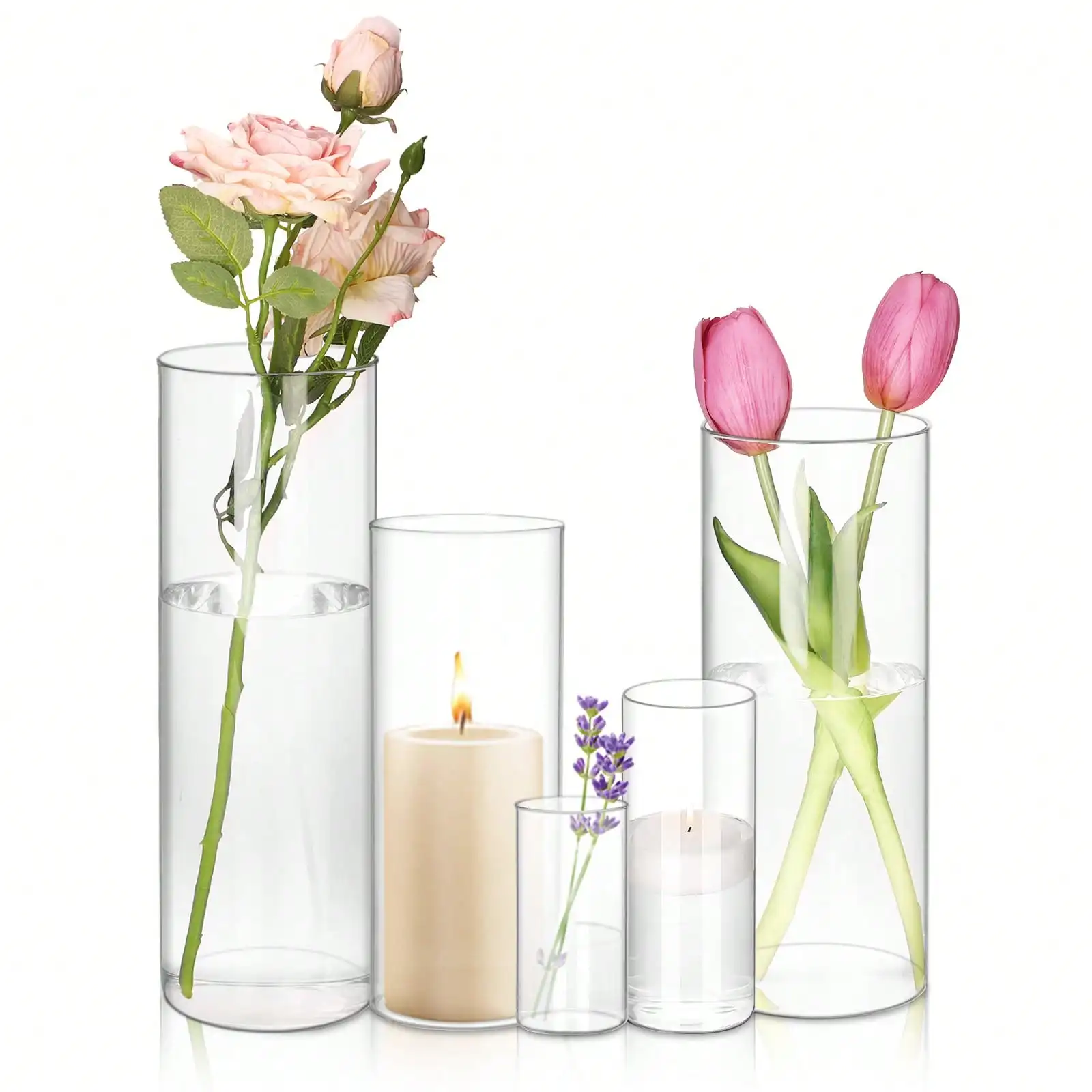 5/20pcs Glass Cylinder Vases-4, 6, 8, 9.8, 11.8 Inch Tall Hurricane Floating Glass Candle Holders Clear Flower Vases For Centerpieces Home Table Decor Wedding Party Decorations, Mother's Day Decor, Ideal Mother's Day Gift