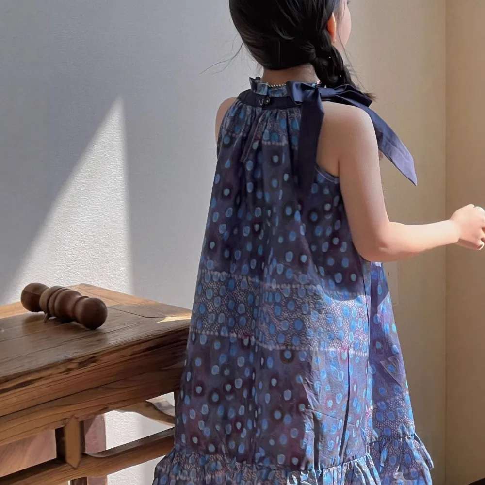 2026 New Summer Toddler Girls Blue Floral Dress Sleeveless A-Line Vest Dress for Small & Medium Children for 110-140cm
