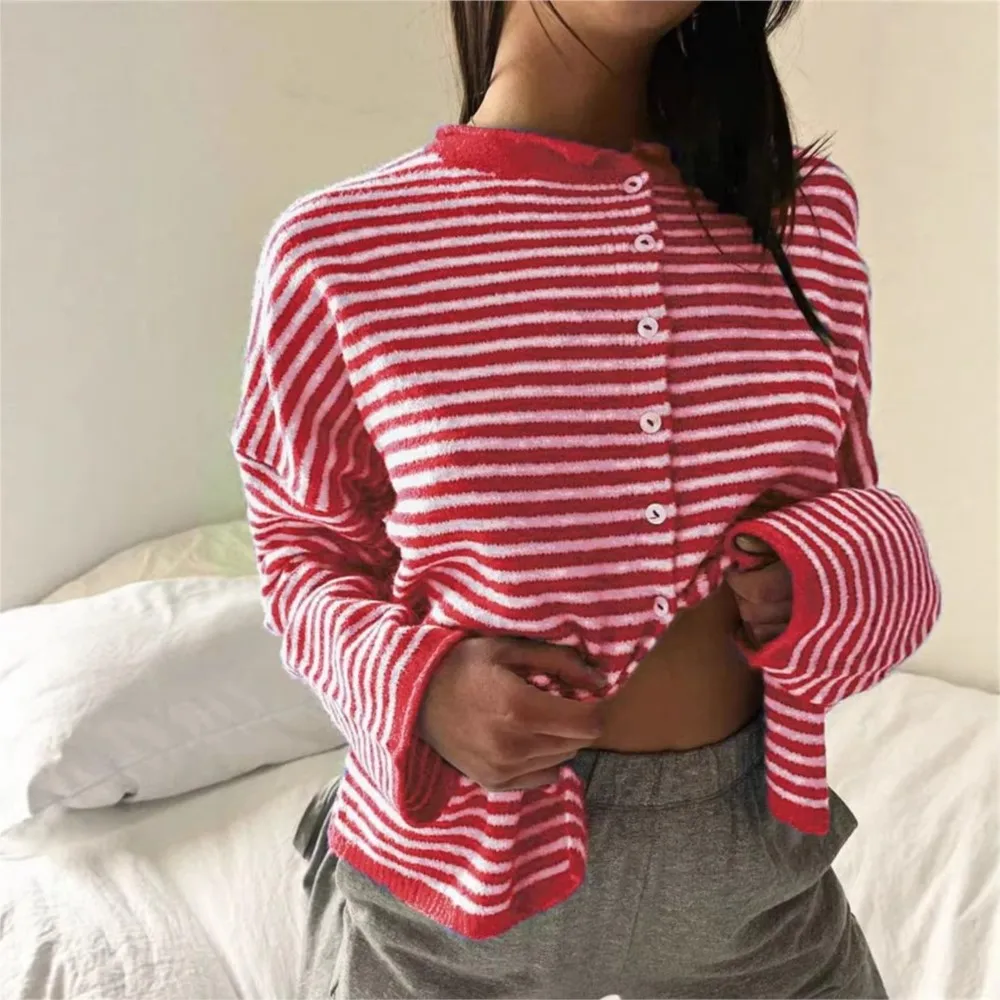 MsChuh Autumn Women's Clothing Pulls Femmes Contrast Striped Cardigan Outerwears Simple Style All-match Loose Comfortable Casual 2