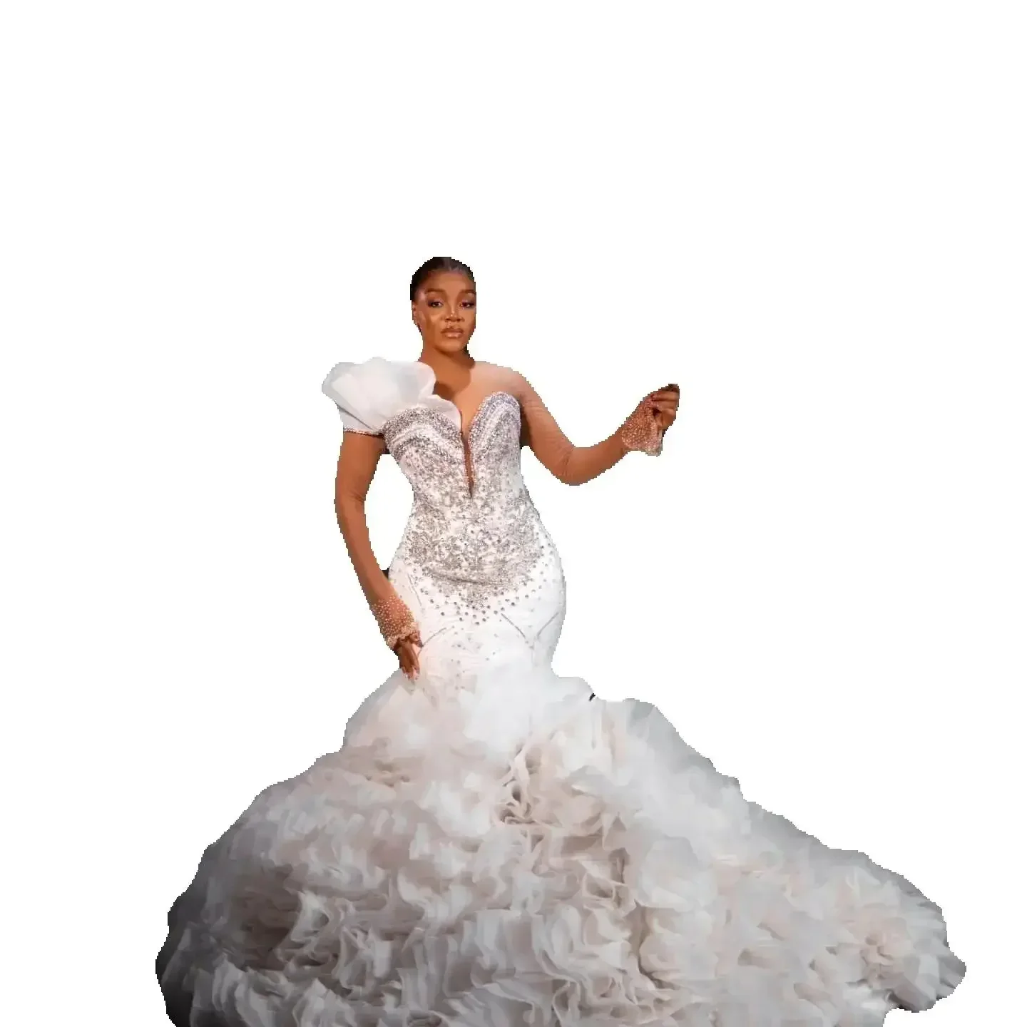 

Customized Shinny Heavy Handwork Crystals Beads Trumpet Wedding Gown For Bride Long Sleeves Luxury Bridal Gown With Tiers Ruffle