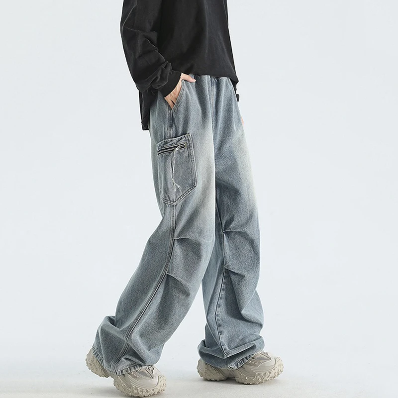 

American Retro Pleated Large Pocket Paratrooper Jeans Straight Leg Washed High Street Workwear Denim Loose Casual Long Trousers