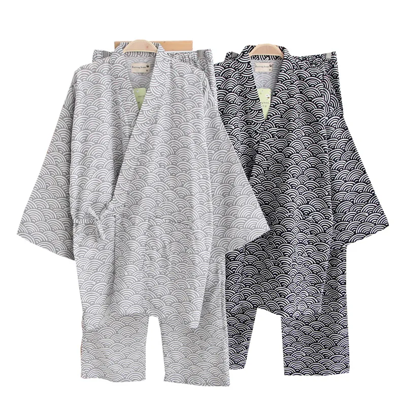 Men Japanese Kimono Bath Robe Sleepwear Sauna Spa Yukata Haori Aodai Home Nightgown Hanfu Cotton Soft Pajamas Set Tee Tops Pants