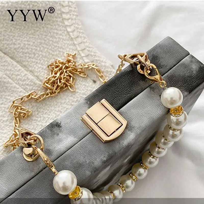 Fashion Colorful Ink Painting Women Clutch Handbag Mini Big Pearl Top Handle Soft PU Leather Messenger Purse Crossbody Chain Bag