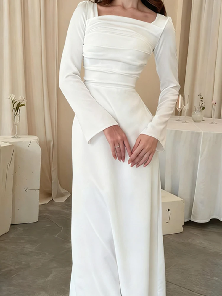 2025 casual manga longa fino ajuste vestido branco feminino elegante drapeado cintura vestido de casamento moda pescoço quadrado temperamento vestido longo