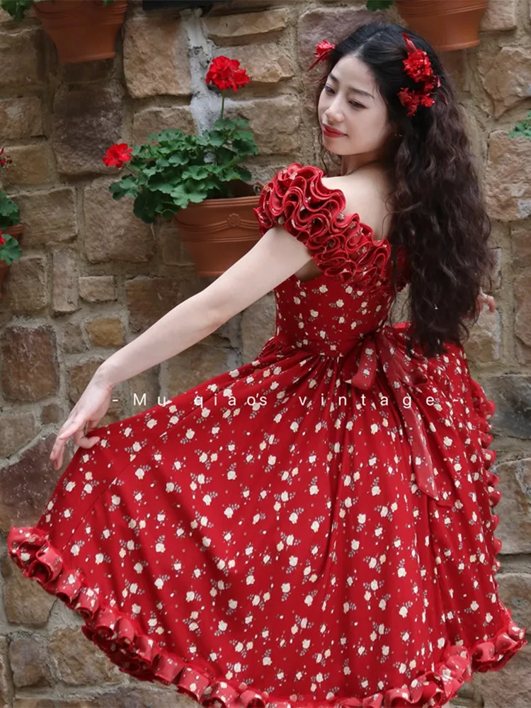 84-101 センチメートルバスト夏の赤いドレスの女性 ElegantSlim セクシーなオフショルダー花誕生日パーティードレスビッグスイングプリンセスふわふわスカート