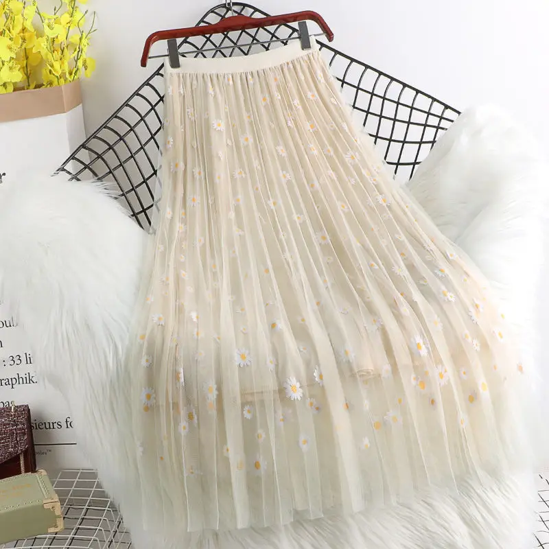 2024 Mesh small Daisy floral high-waisted slimming A-line skirt mid-length Korean pleated mesh skirt