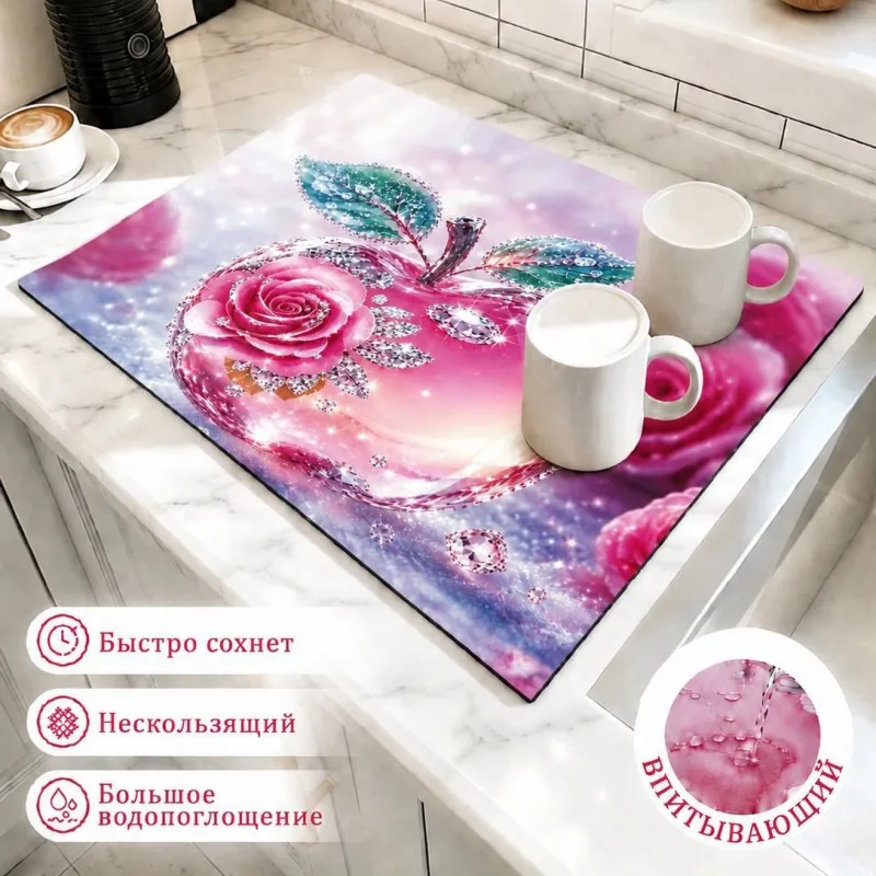 VIKAMA Pink Gold Floral Relief Mat, Water Absorbent & Non Slip, for Kitchen Counter Vanity Sink Dresser Drying Mat, Home Decor