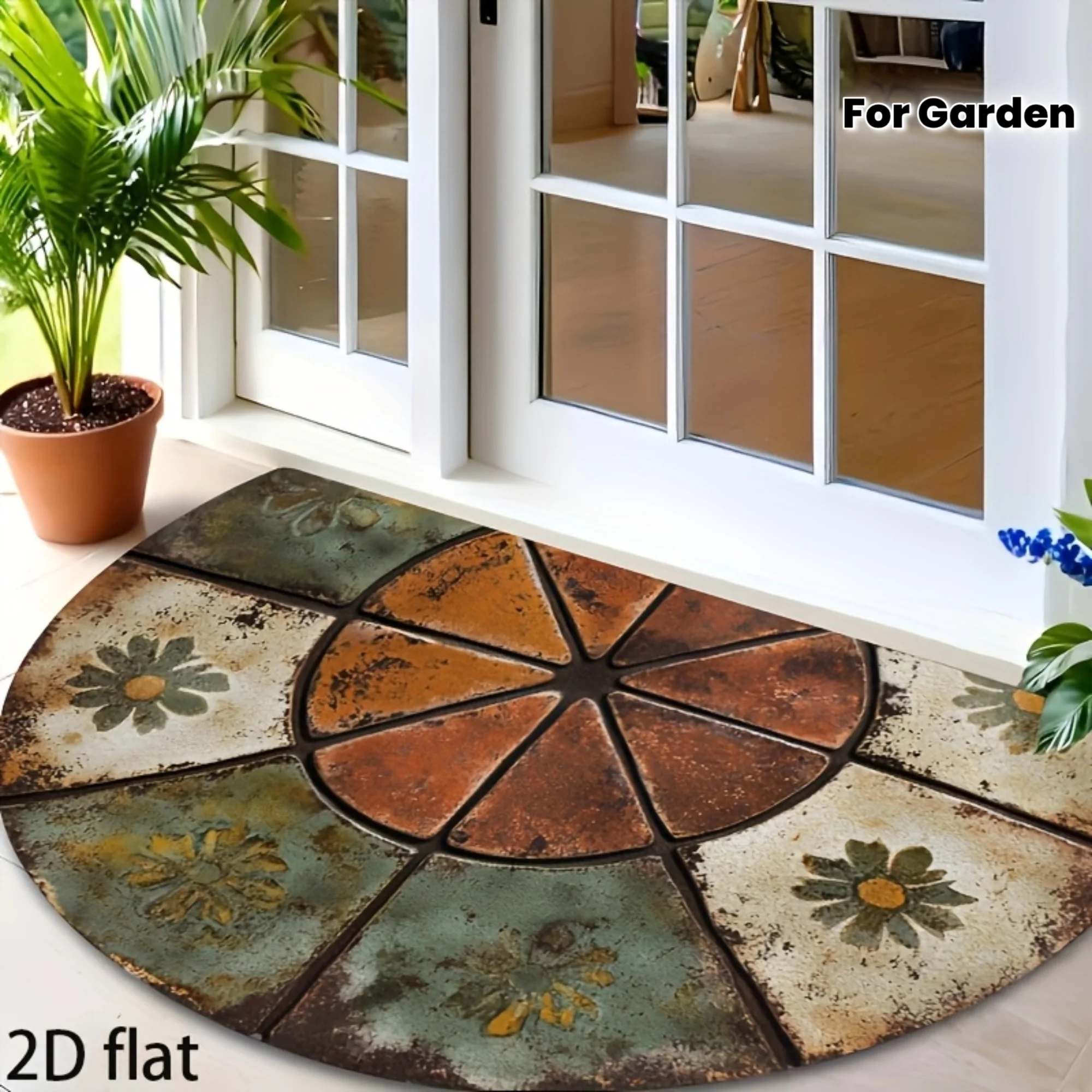 

1 шт. 2D плоский винтажный цветочный придверный коврик - полукруглый, с эффектом патины, оранжевый, зеленый, бежевый, коричневый, для прихожей.