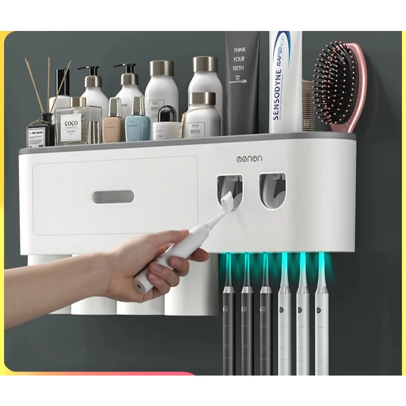 NEW MENGNI-Magnetic Adsorption Inverted Toothbrush Holder Wall -Automatic Toothpaste Squeezer Storage Rack Bathroom Accessories