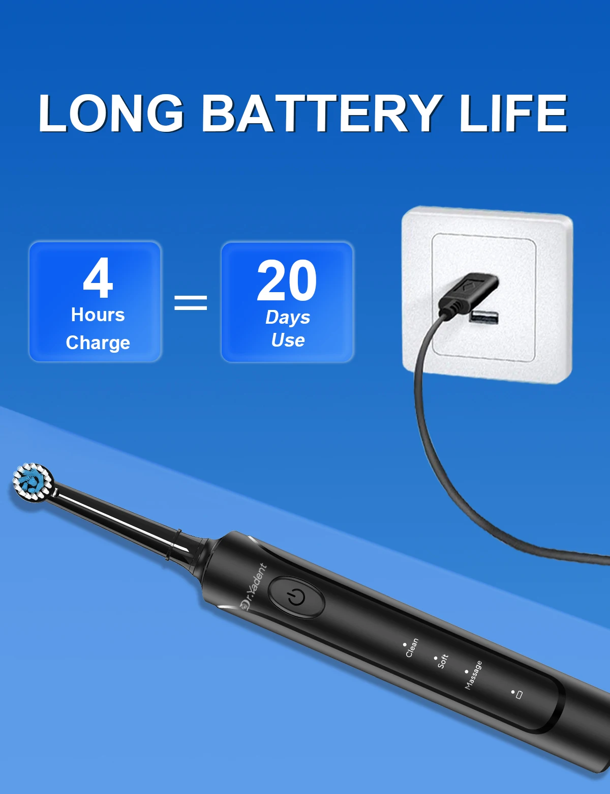 DrYadent Rotierende Zahnbürste YD2233 2-Minuten-Smart-Timer mit 3 Intelligenteren Modi Langlebige Nutzung mit 4 Bürstenköpfen Zahnfleischpflege – Detail 6
