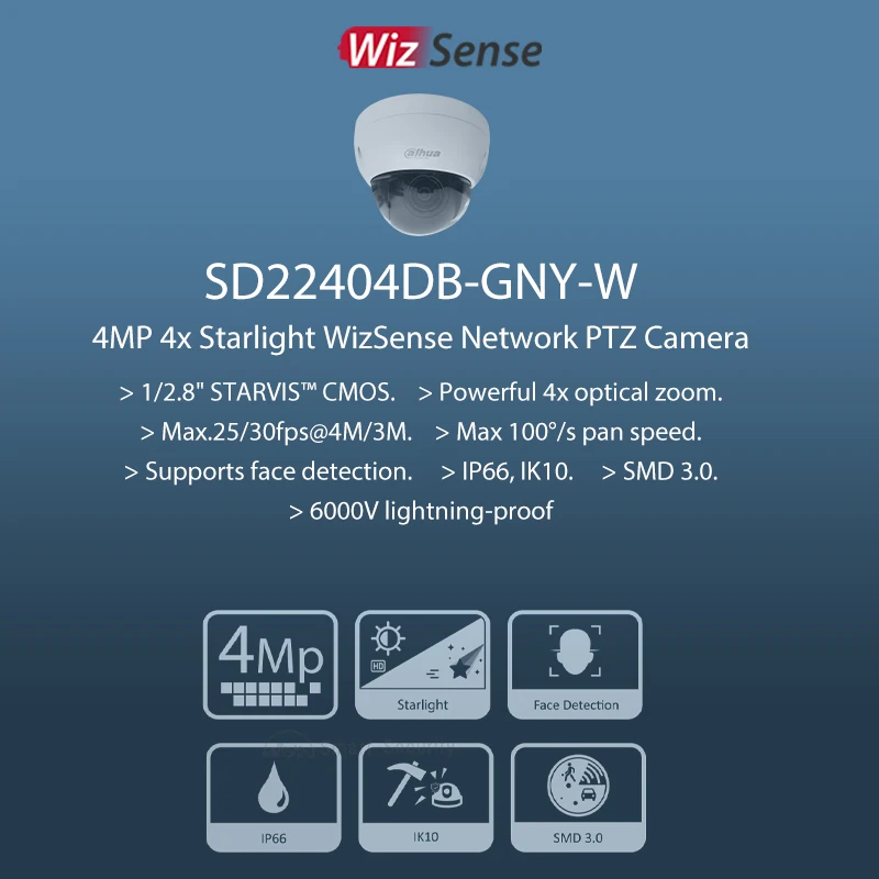 Dahua WiFi 4MP PTZ HD cámara inteligente hogar detección facial al aire libre Starlight IP Monitor Auto Zoom inalámbrico CCTV SD22404DB-GNY-W IK10