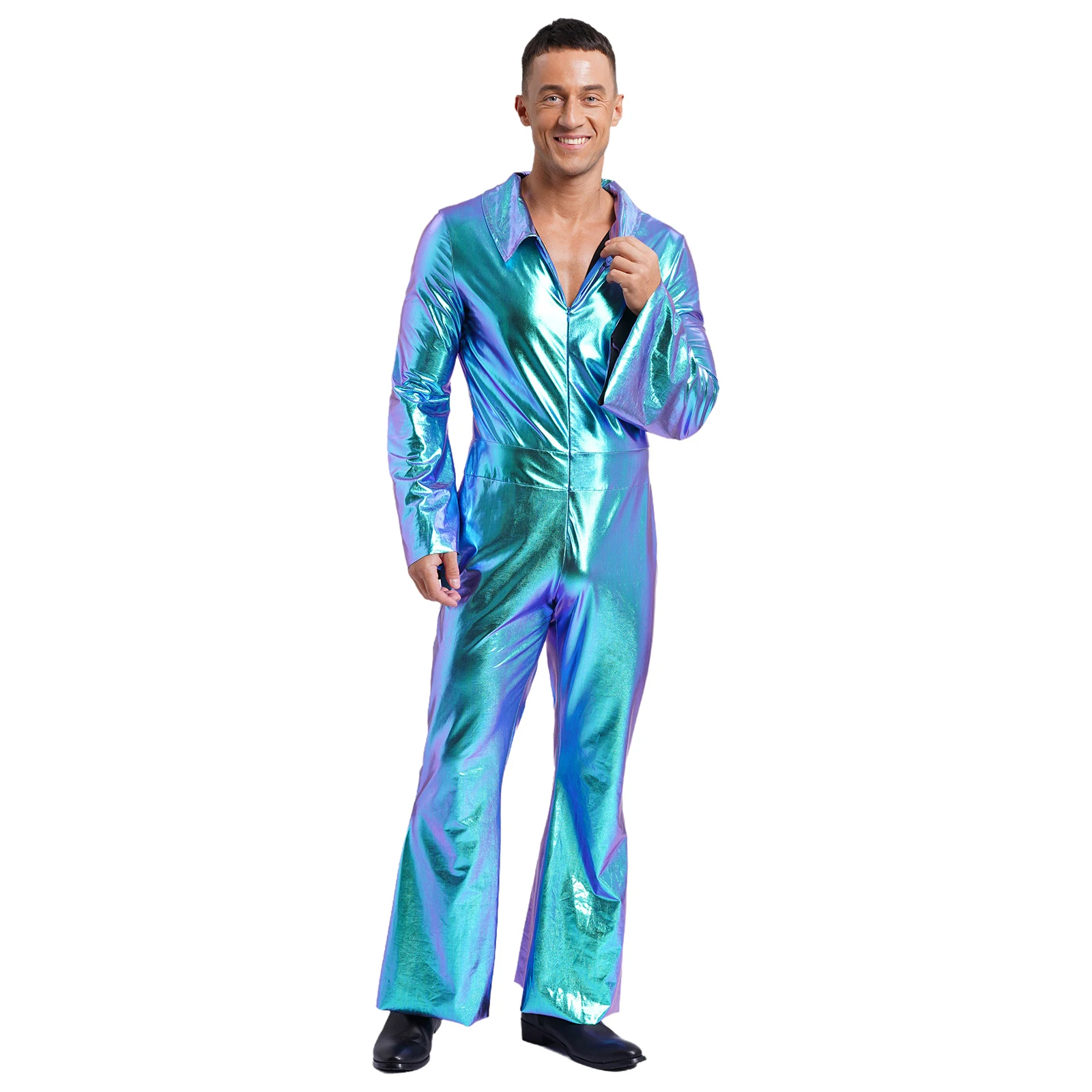 Men 70s Disco Jazz Dance Performance Costume Flare Sleeve Zipper Metallic Shiny Jumpsuit for Halloween Hippie Cowboy Cosplay