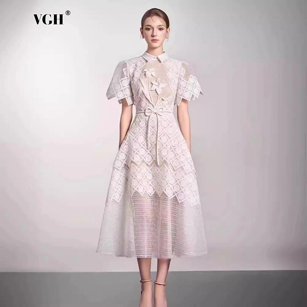 

VGH Solid Floral Hollow Out Mesh Dresses For Women Lapel Short Sleeve High Waist Spliced Lace Up Temperament Long Dress Female