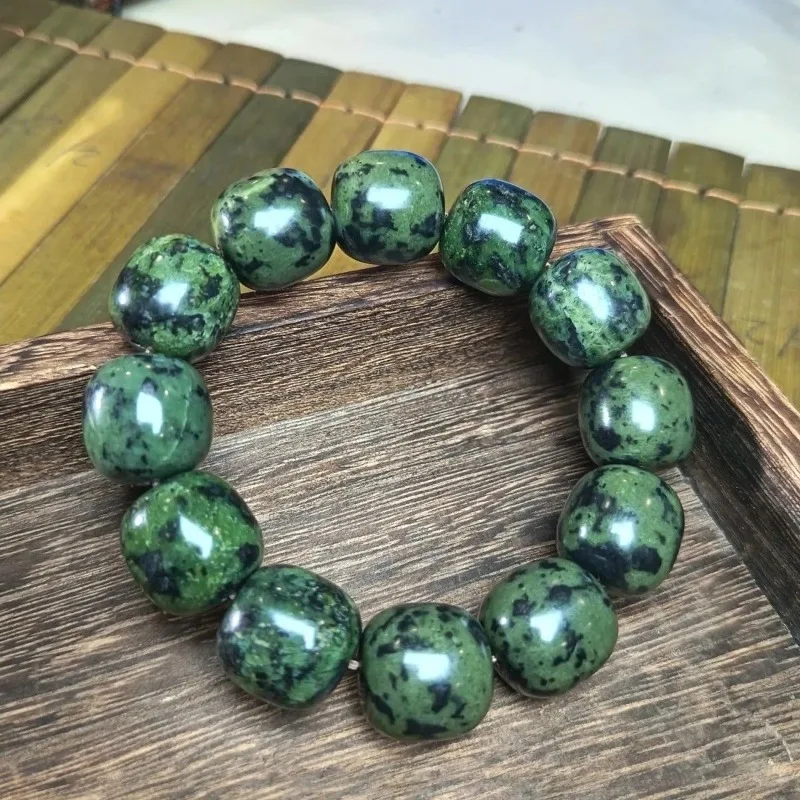 Tibetan Jade Medicine King Stone Old-fashioned Pearl Dark Green Single Ring Bracelet.