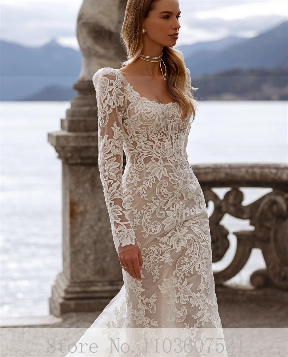 Luxury Lace Square Collar Wedding Dress with Long Sleeves Boho Mermaid Court Backless Wedding Bridal Gown vestidos de novia