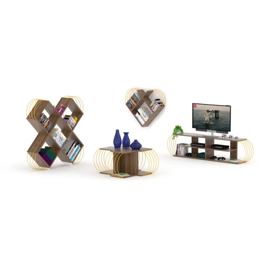 FurnisHome Store ミッドセンチュリーモダン テレビスタンド 4段オープン収納 エンターテイメントセンター 68インチ テレビユニット ウォールナット/イエロー