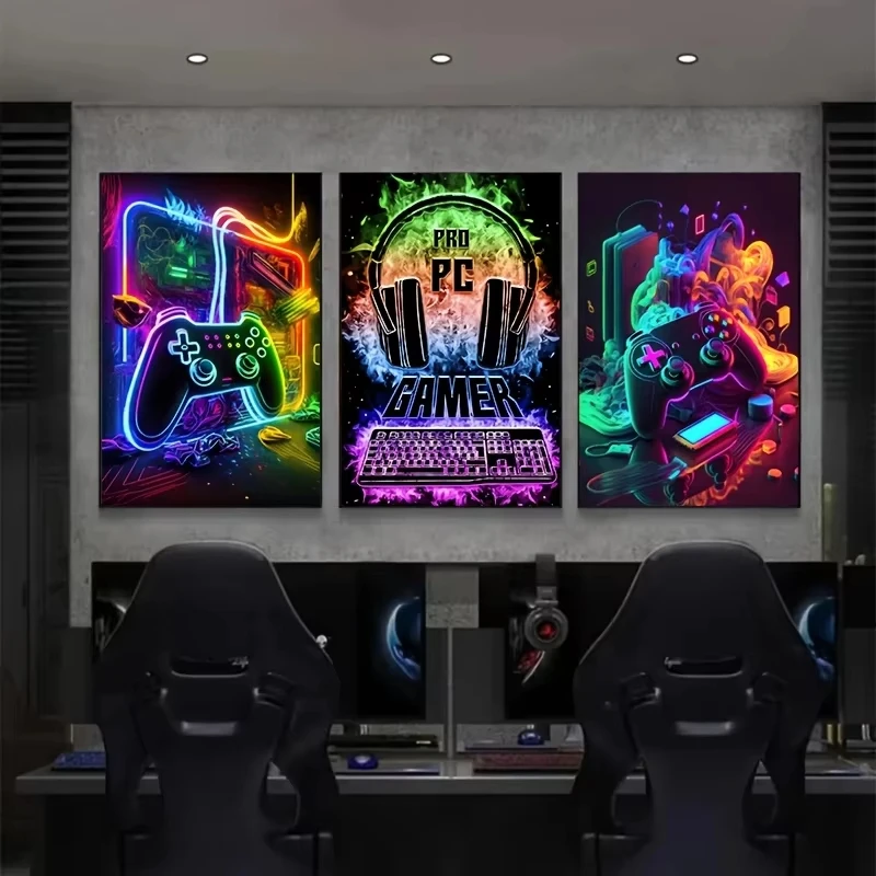 Neon Pro PC Gamer Gift Canvas Paintings Gaming Room Gamepad Punk Posters Prints Wall Art Pictures for Boys Children Room Decor