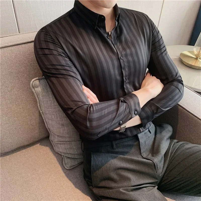 

Spring Shirts Men Dress Vertical Stripe Shirts Slim Men Casual Long Sleeve Shirt Male Chemise Homme Tuxedo Shirt