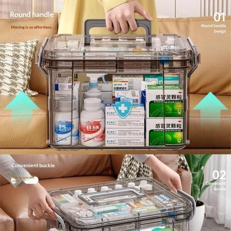 Rectangular Lid Transparent Waterproof Medicine First Aid Storage Box Double-Layer PP Plastic Emergency No Break Safe Keep