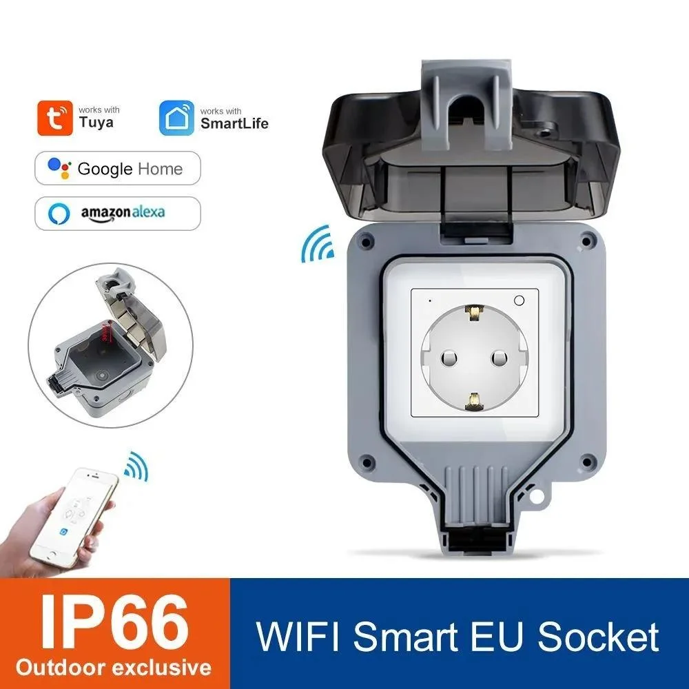 Smart Outdoor Waterproof Socket IP66, WiFi Power Outlet with Protective Box Outdoor Wall Weatherproof Plug Socket Box