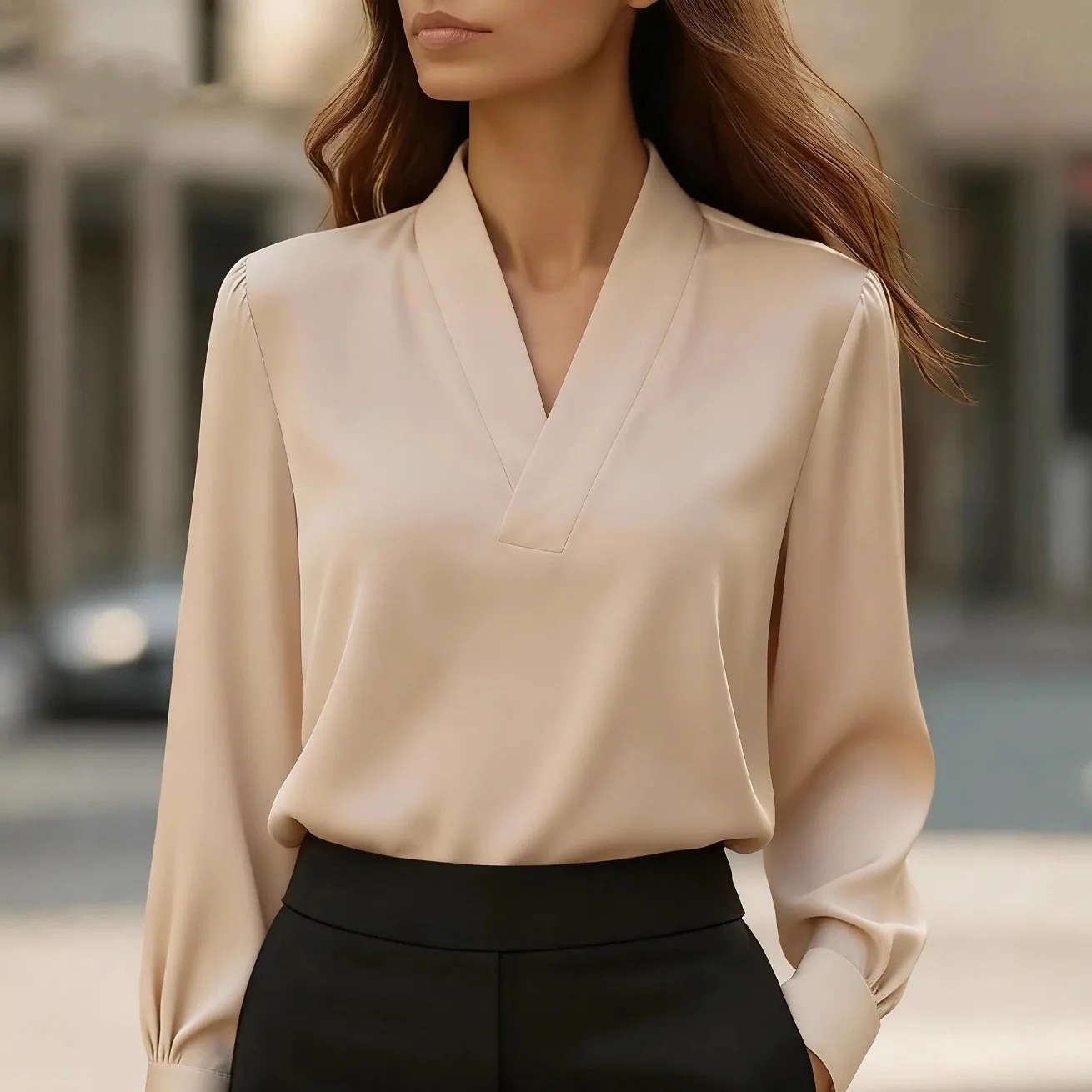 

2026 Women's Spring and Autumn New Fashion Commuter V-neck Long-sleeved Temperament Slim Professional High-end Shirt for Women