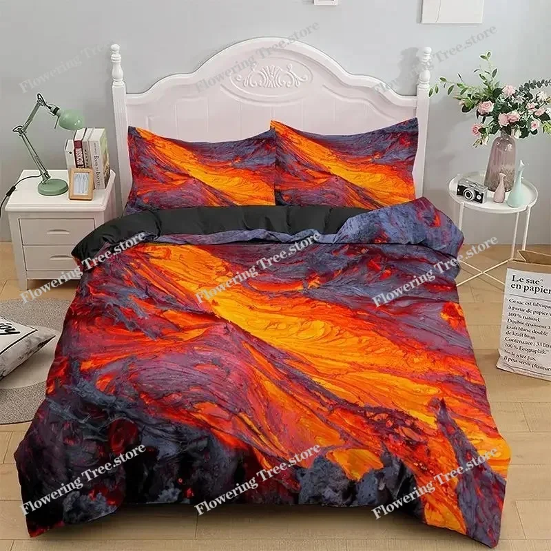 Volcano Duvet Cover Set King Size Disaster Pattern Red Yellow Comforter Cover Microfiber Lava Bedding Set for Adult Boy Men Teen