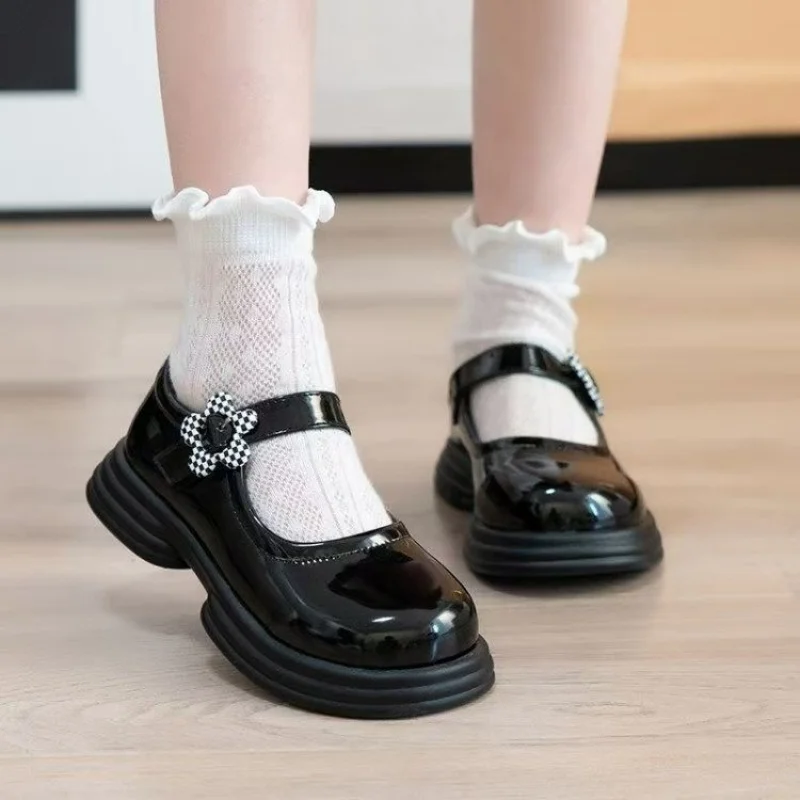 Toddler Girls Black Patent Mary Jane Shoes Plaid Flower Adjustable Strap Chunky Sole Non-Slip for School Party Daily Wear