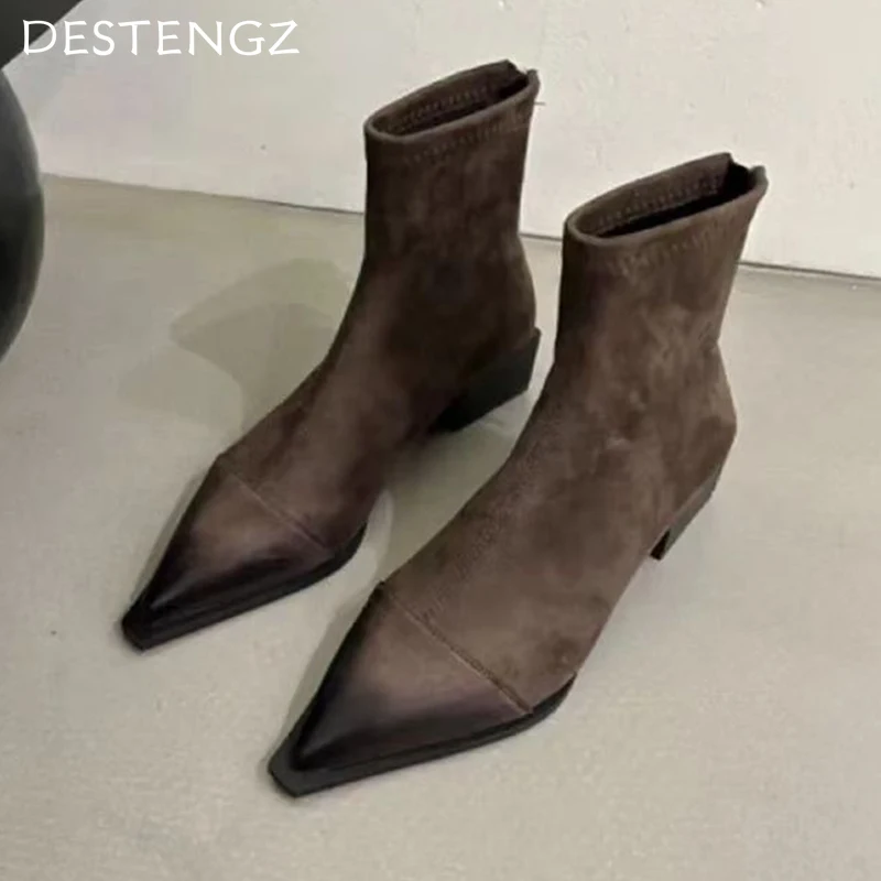 Suede Pointed Toe Women Ankle Boots Mid Heels Chunky Shoes Woman 2025 Trend Winter Fashion Designer Punk Chelsea Boots Female