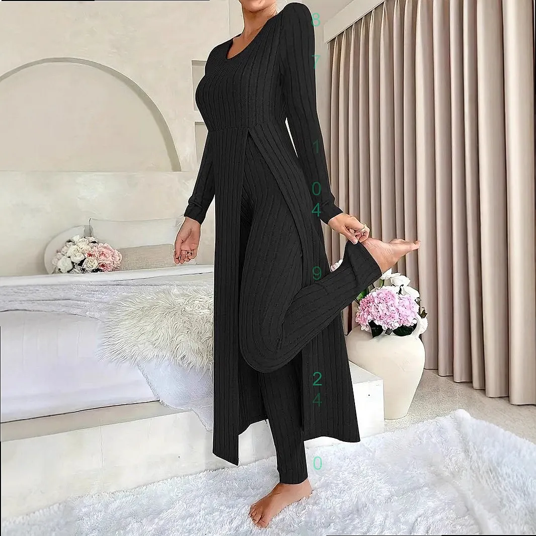 Spring Summer Women Matching Set Long Sleeve Blouse Top Split Long Pants Jumpsuit Two Piece Outfit
