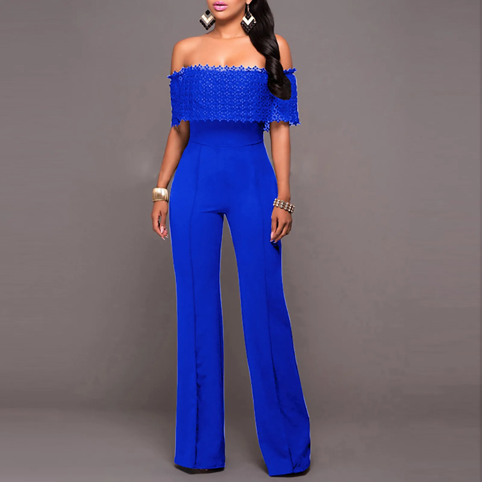 

Women Jumpsuit Long Elegant Summer Off Shoulder Jumpsuit Bodysuit Women's Pantalone Pants Lace Zipper Women's Romper Suit