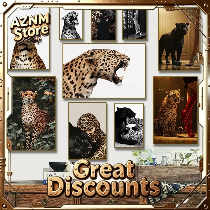Cheetah Leopard Black Panther, with Jewelry Photography Poster Fashion Canvas Painting Print Wall Art for Living Room Home De