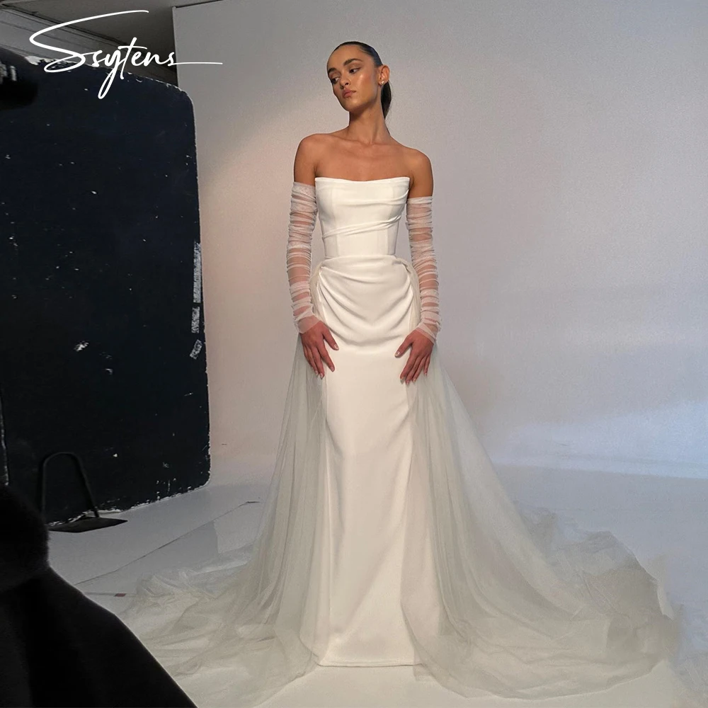 Abito da sposa in raso a sirena, senza spalline, semplice, lungo, con strascico staccabile, abito da sposa in tulle da donna