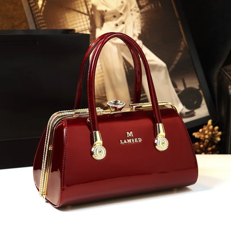 Simple glossy hard-handbag with-embellished hardware clasp, suitable weddings and parties, stylish shoulder an