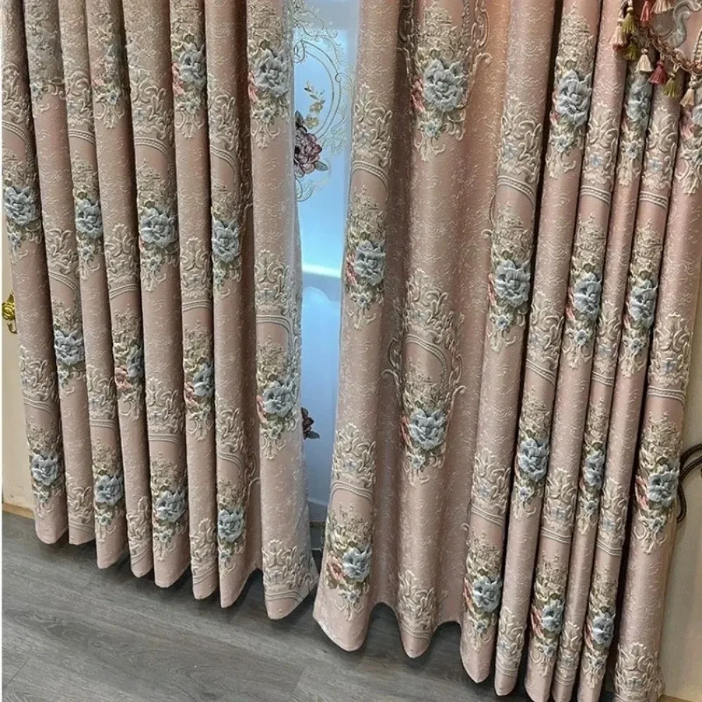 French Pink Embossed Thick Blackout Curtain European High-end Window Curtains For Living Room Bedroom Dining Luxury Drapes Decor