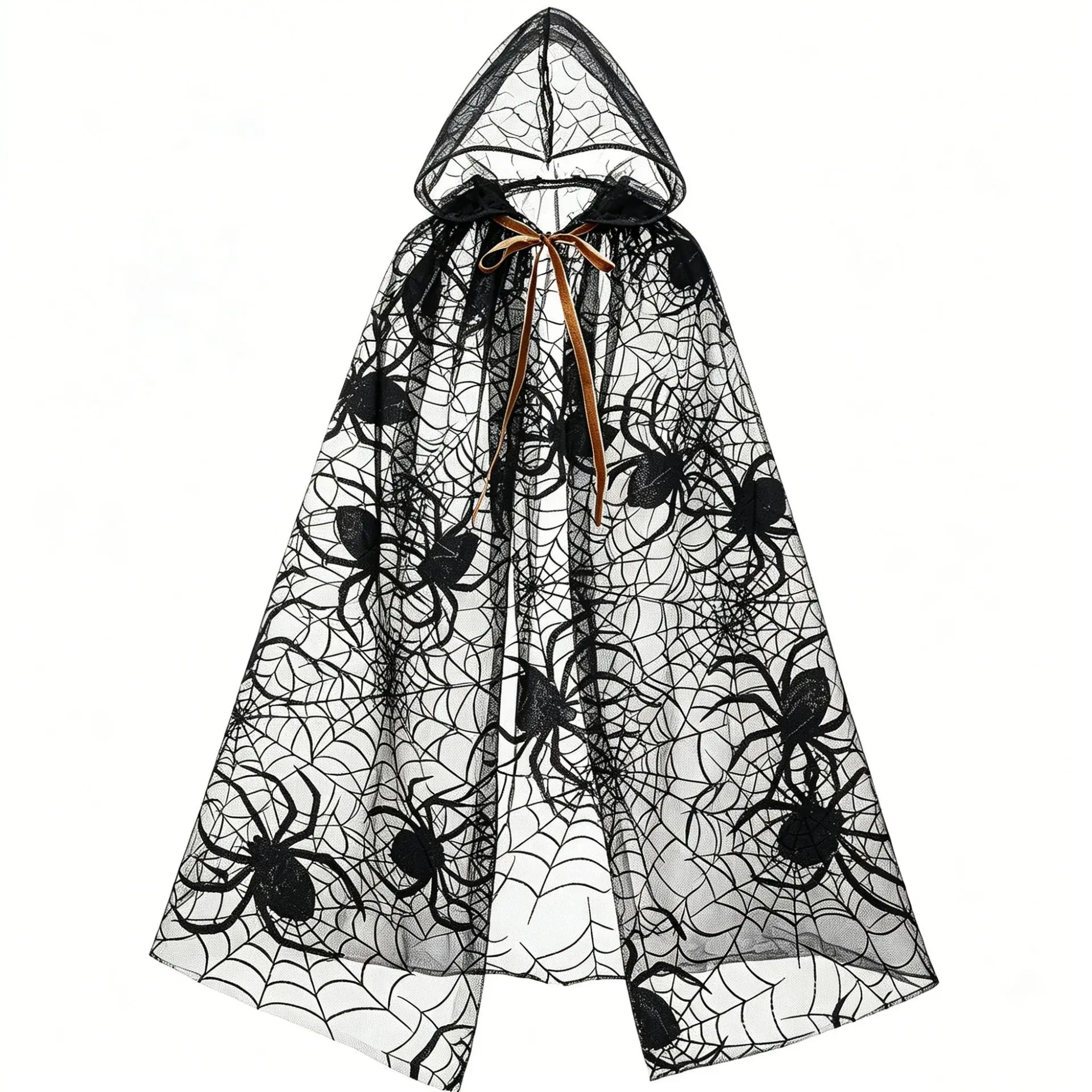 Kapuzen-Mesh-Umhang mit Spinnennetz-Fledermaus-Druck, Halloween-Umhang für Erwachsene, Cosplay, Maskerade, Themenparty, Kostümzubehör. – Detail 5