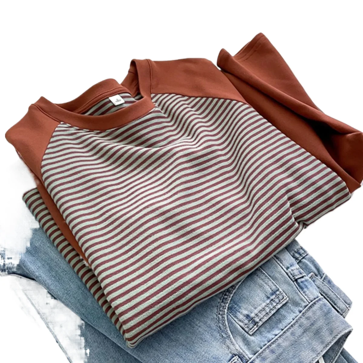 

Double Sided Brushed Striped Long Sleeved T-shirt Autumn Winter 2025 Thick Color Blocking Versatile Top Loose Long Sleeved Tee