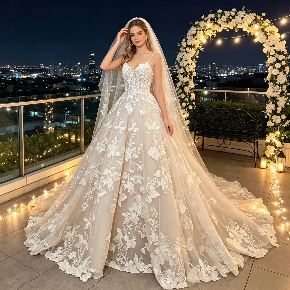 Customized Romantic Lace Thin Shoulder Strap Wedding Dress for 2026 Floral Decals and Elegant Bridal Gowns Suitable for Parties