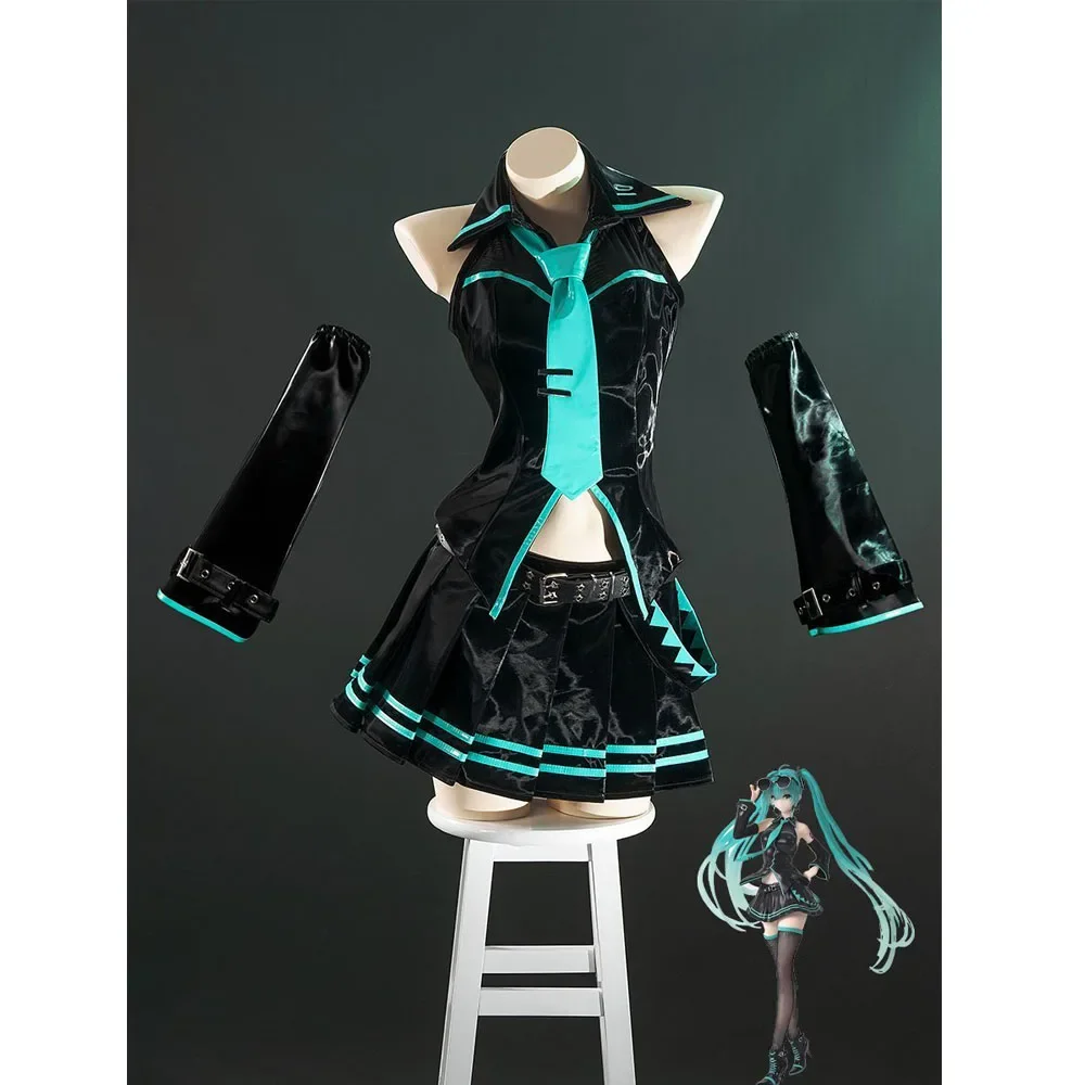 

Anime Miku Cosplay Full Set Costume Miku16TH Cosplay Leather Midi Sexy Dress Halloween Carnival Party For Women JK Uniform