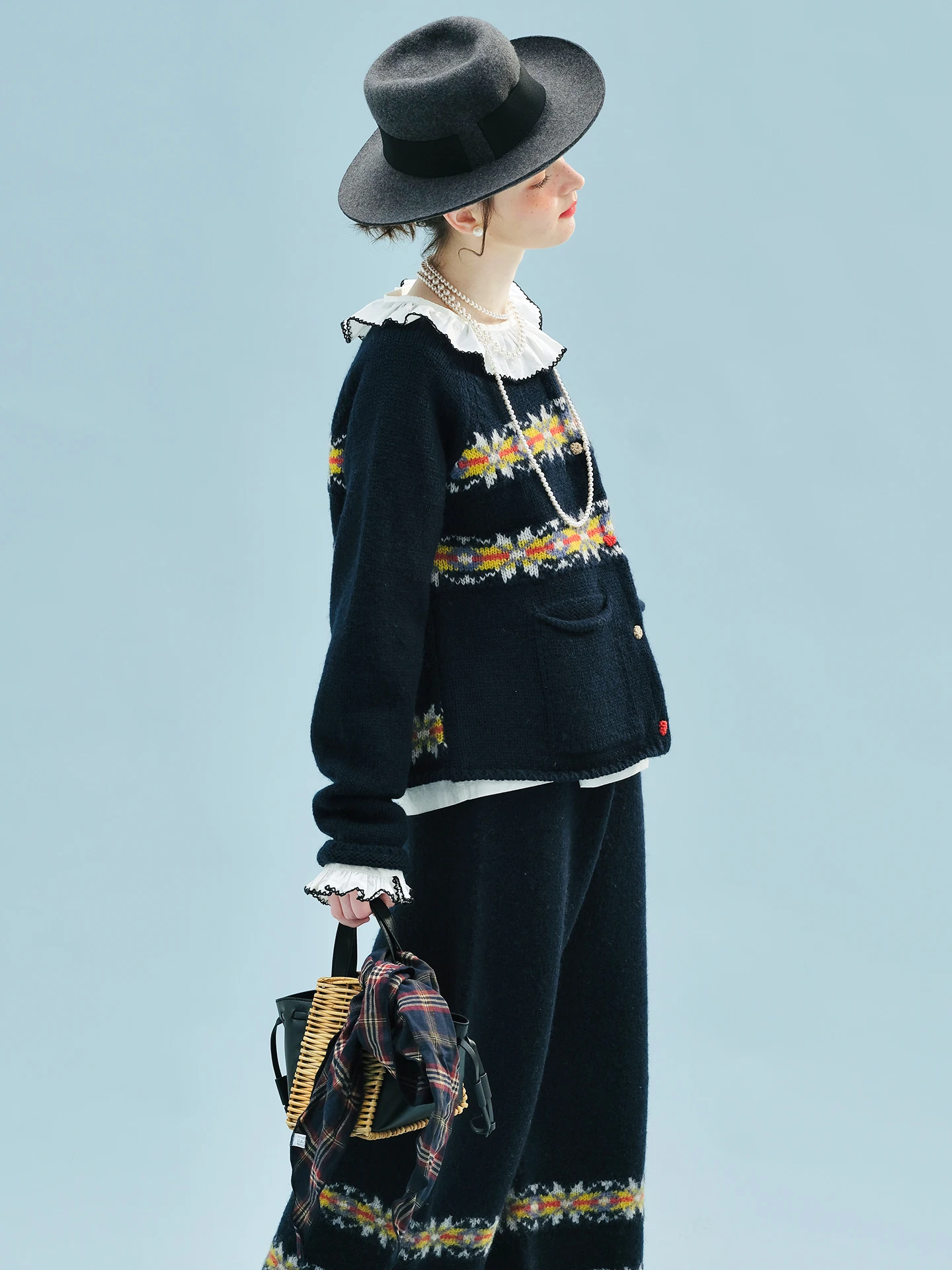 Imakokoni 2025 invierno Retro artístico Fair Isle peso pesado tejido grueso lana pura mujer suéter abrigo 255236