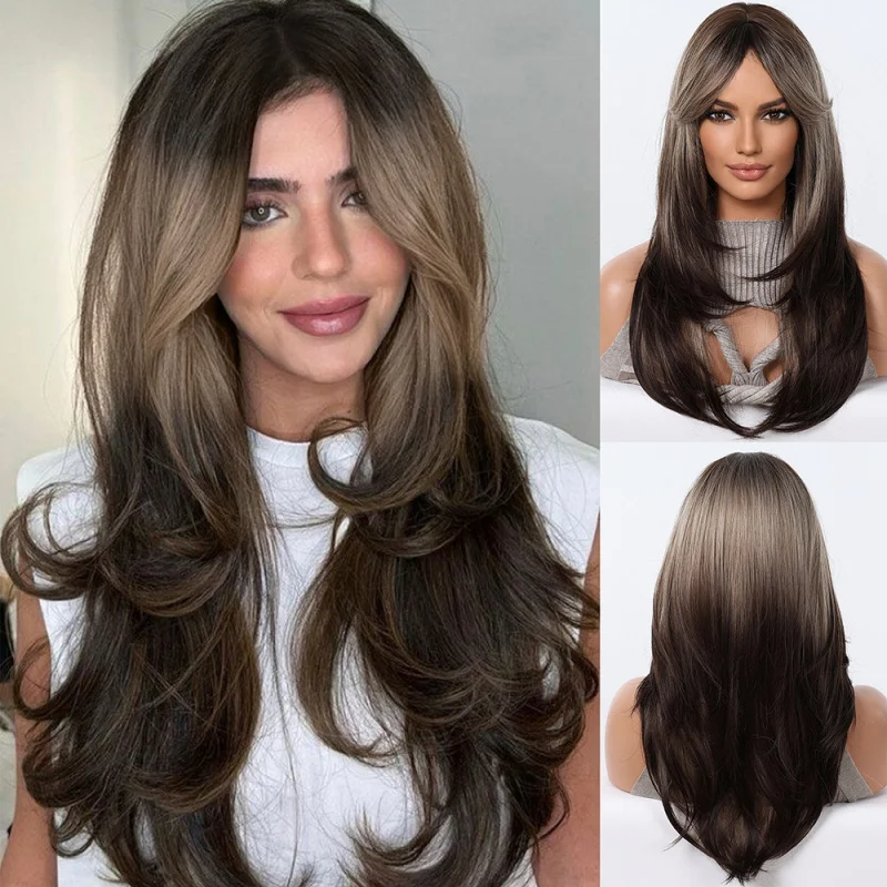 

European and American style women's middle-parted long wavy hair wig in multi-color mixed brown, made of high-temperature synthe