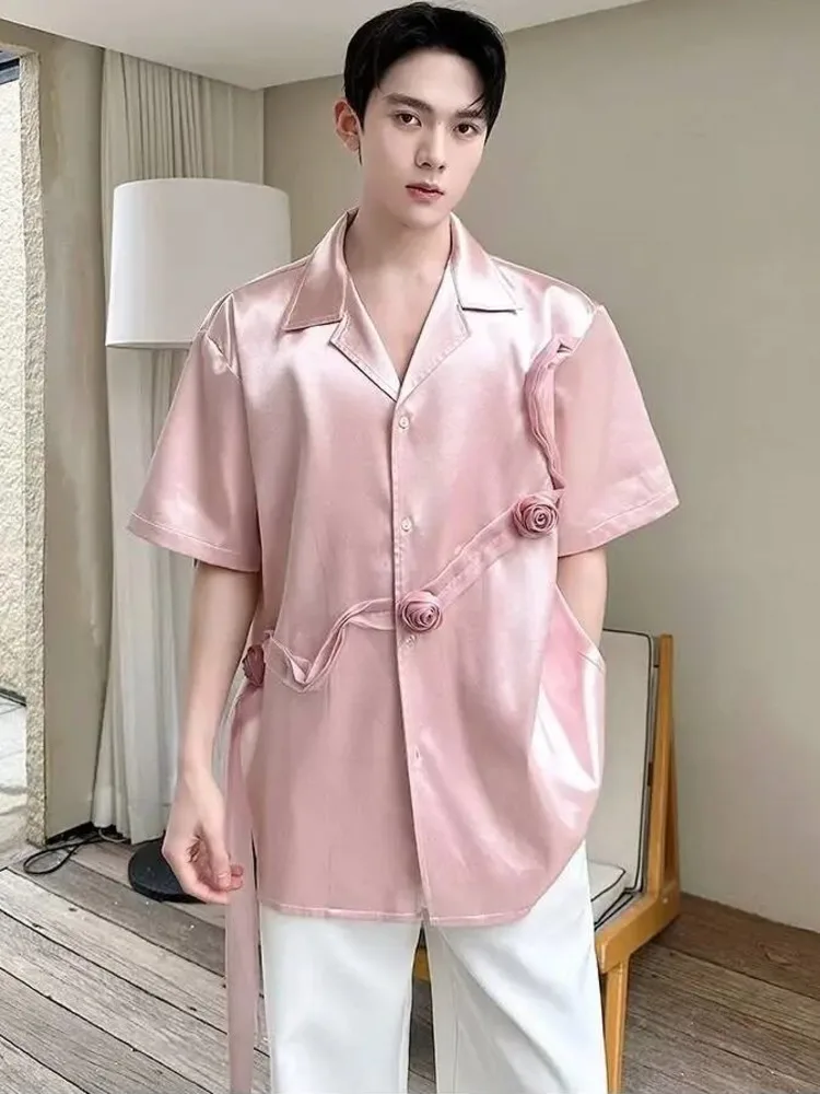 Trendy Rose Ribbon Design Lapel Short-sleeve Men's Shirt Light Luxury Satin Notched Collar Blouse Tops Summer Cloth T487