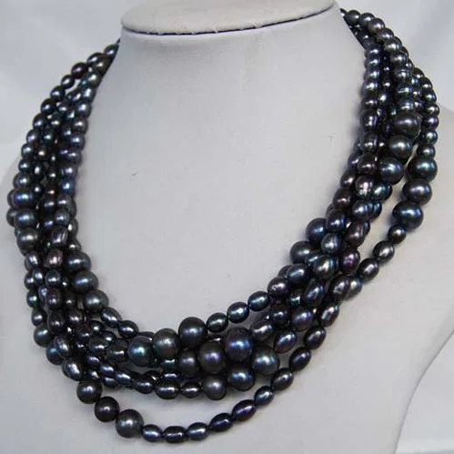 Favorite Pearl Jewellery,3-10mm Stunning Black Crystal Beads Rice Freshwater Pearl Necklace,Perfect Wedding Party Lady Gift