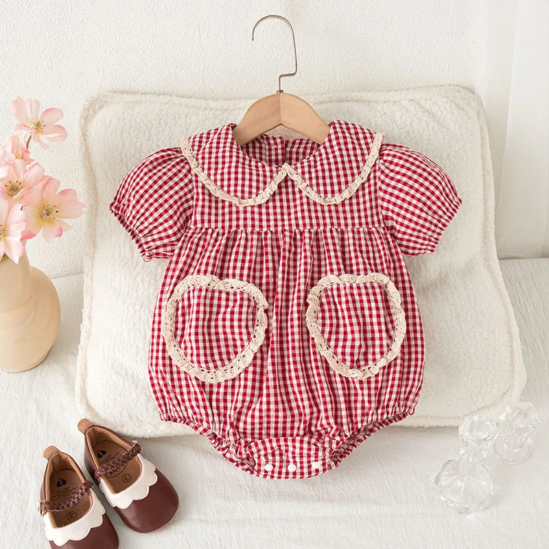 MILANCEL Summer Baby Bodysuit 3-24M Red Grid Toddler Clothes Sweet Girls One Piece Ventilate Infant Jumpsuit