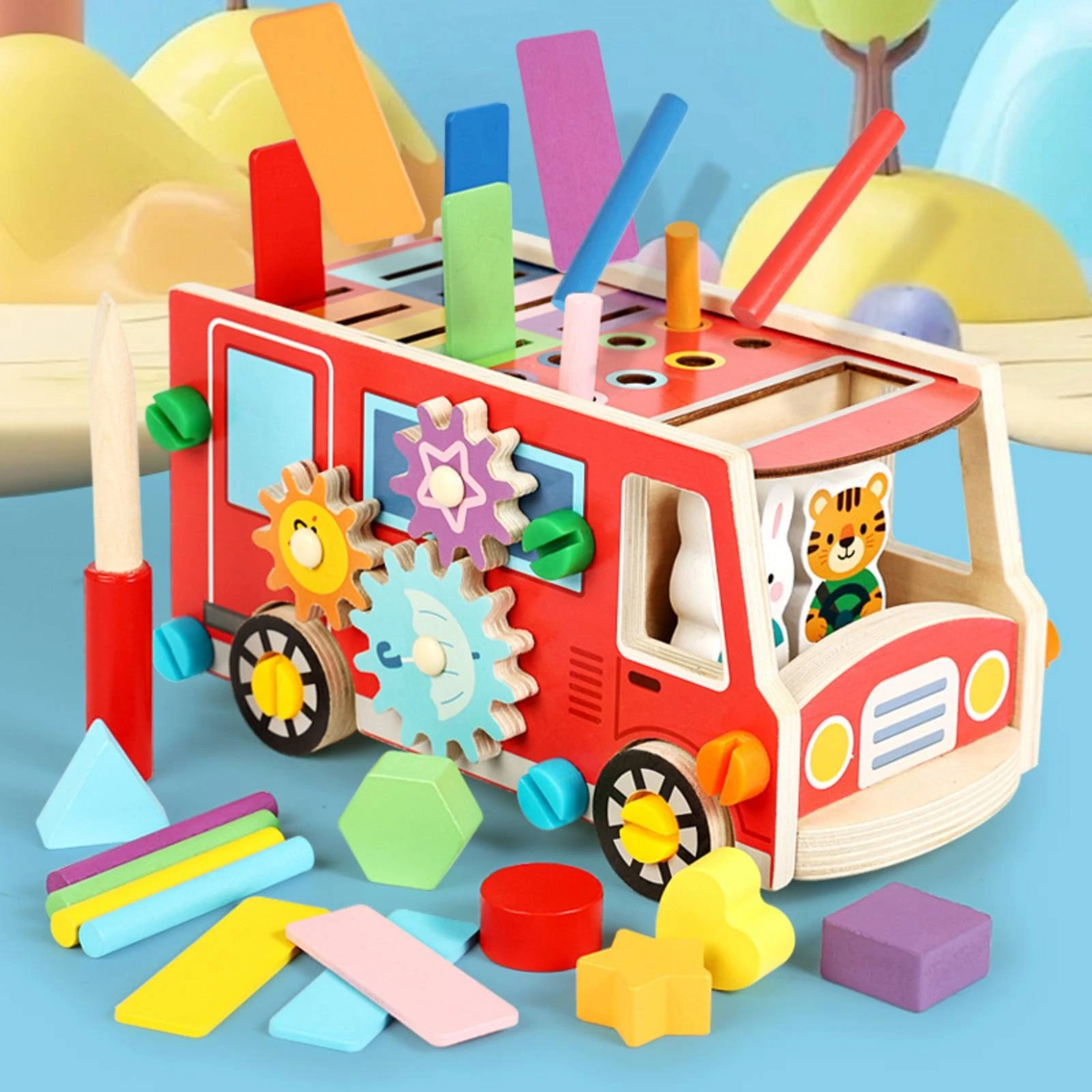 Wooden Bus with Hammer Colorful Bus Shape Sorter Wooden Shape Sorter Interactive Child-Safe for Toddlers, Playroom, Daycare